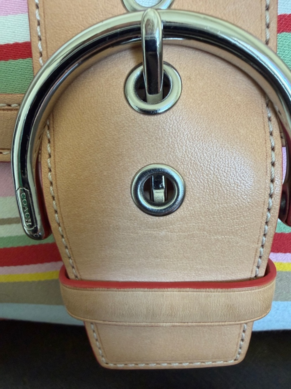 VINTAGE Coach Pink Multi-Stripe Leather-Trim Satchel with Floral Charm(LIKE NEW) - Picture 8 of 16